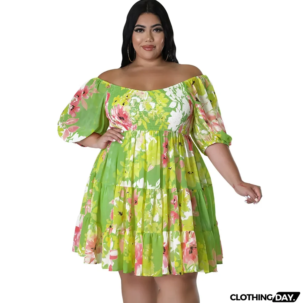 Plus Size Women Summer Sexy Off Shoulder Print Dress