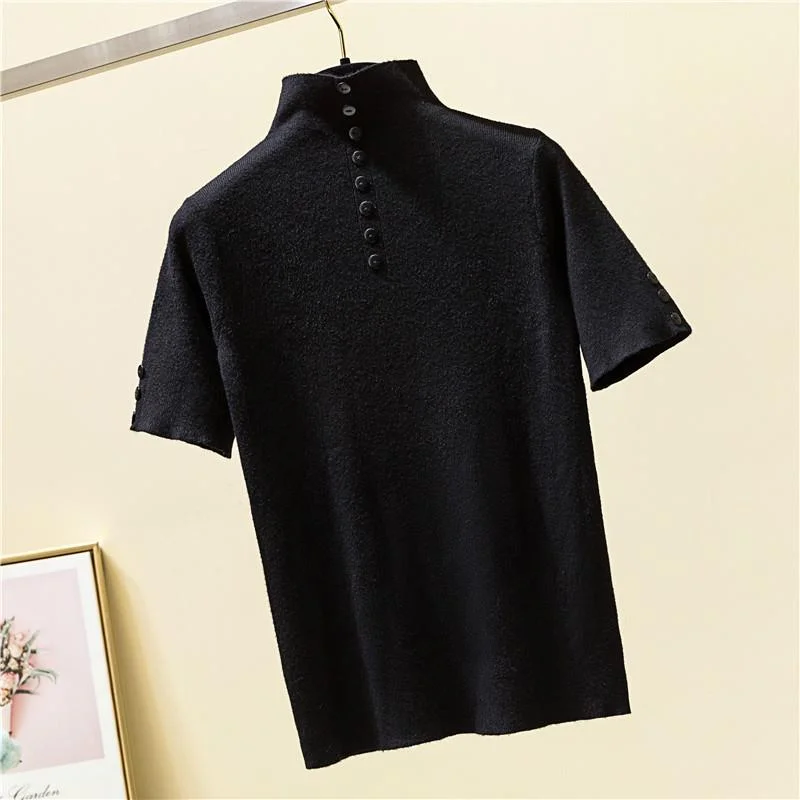 T Shirt Women Summer Basic Tshirt Black White High collar Button Knitted Short sleeve Ladies Tops Korean Clothes Casual