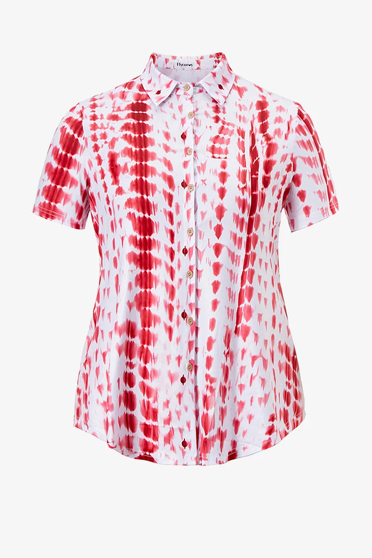 Plus Size Tie Dye Print Button Stand Collar Short Sleeve Blouses  Flycurvy [product_label]