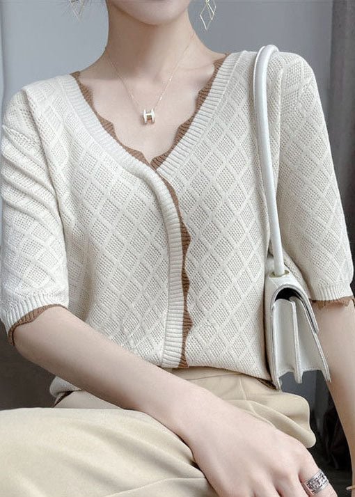 Italian Apricot V Neck Hollow Out Knit Sweaters Half Sleeve