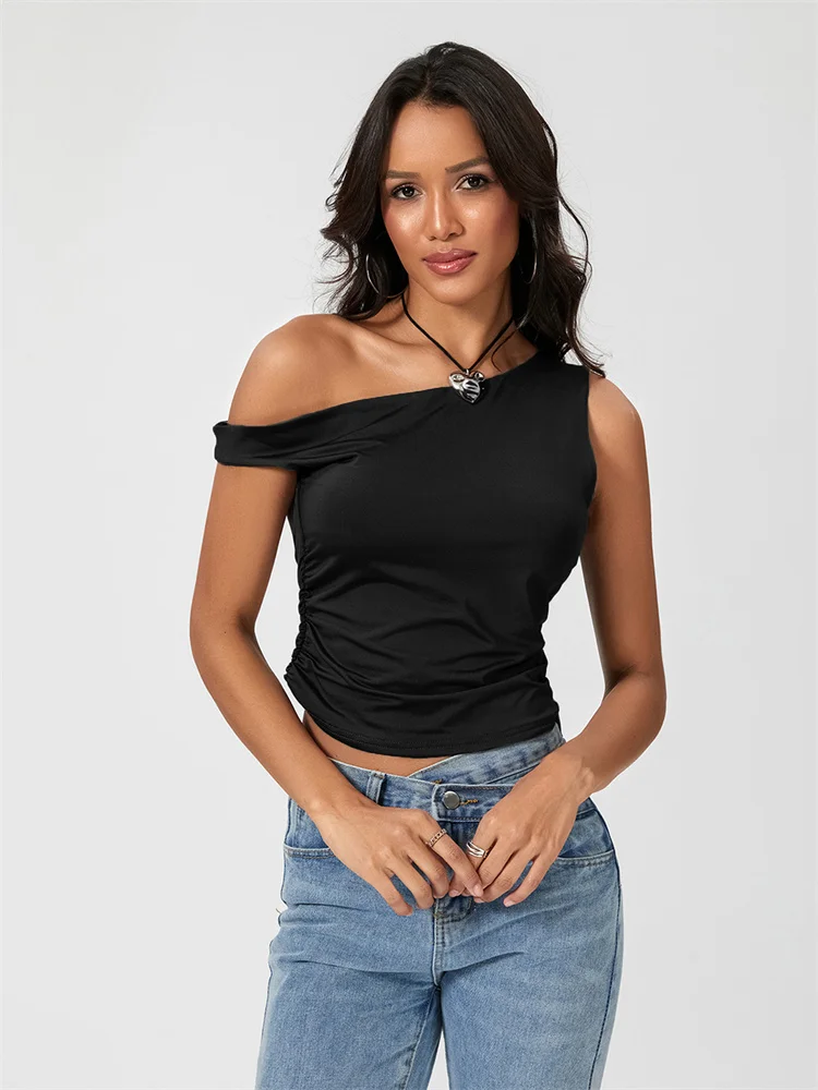 Pengamezz Women's Solid Color T-shirt Off Shoulder Sleeveless Ruched Cropped Tops Summer Sexy Casual Vest Shirts Streetwear
