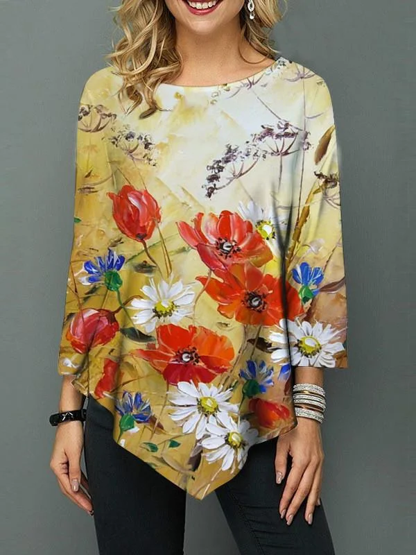 Women Long Sleeve Scoop Neck Floral Printed Graphic Top