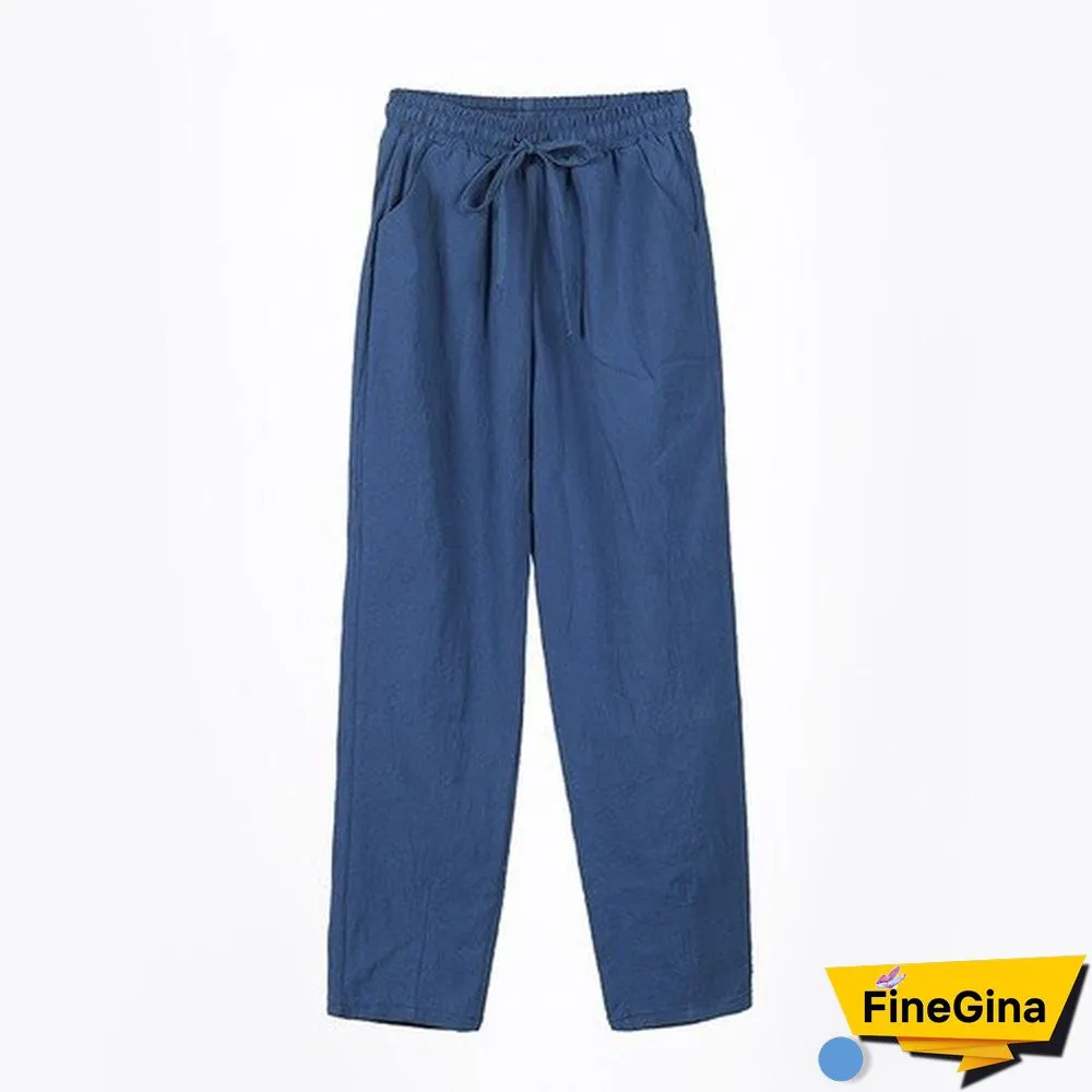 Woman Summer Harem Pants Vintage Candy Colors Cotton Linen Wide Leg Pants Solid Elastic Waist Ankle-length Capris Trousers
