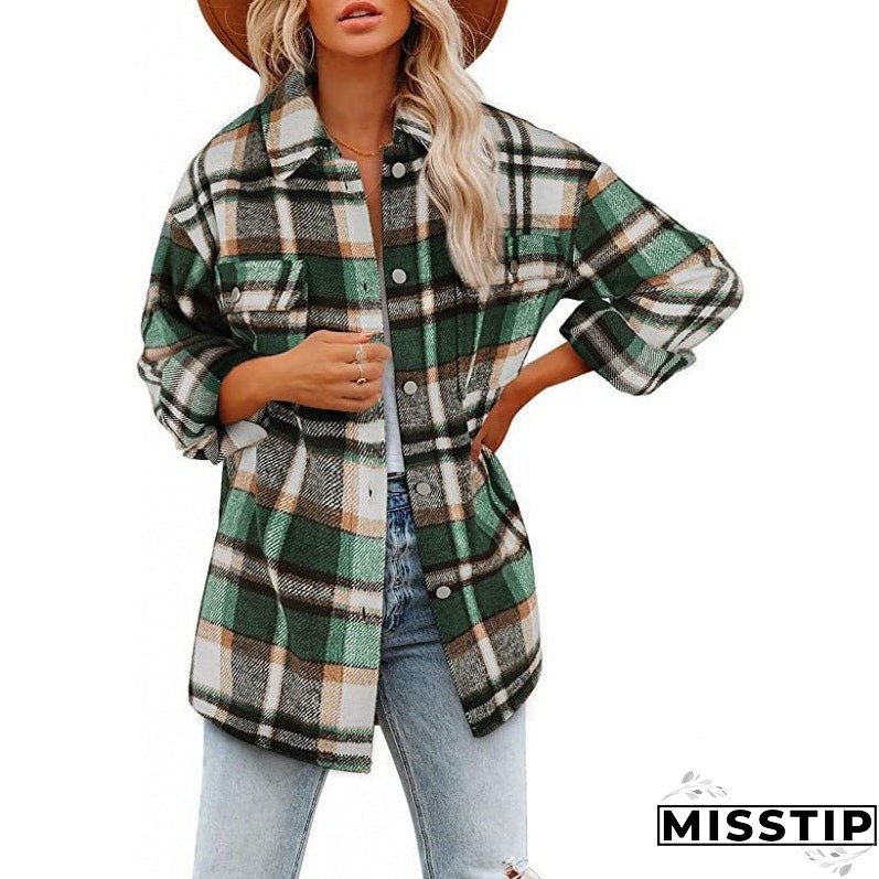 Women's Long Sleeve Loose Plaid Shirt Woolen Coats