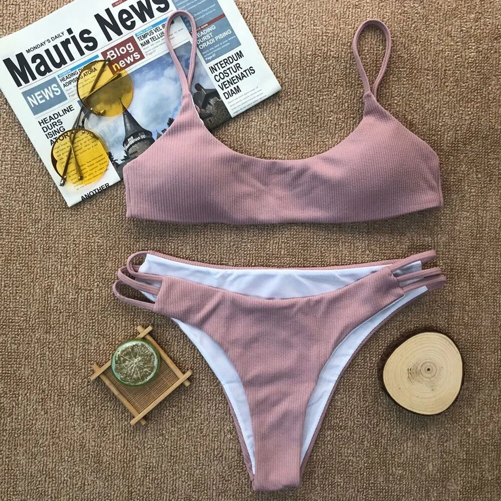 2020 Sexy Blue Mid Waist Bikini Women Swimwear Female Swimsuit Two-pieces Bikini set Push Up Bather Bathing Suit Swim