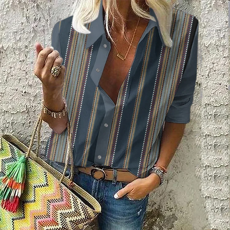 Vintage Stripe Print Panel Long Sleeve Shirt