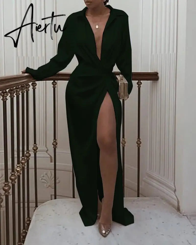 New Satin Silk Sexy Long Sleeve Party Dresses Women Night Club Soft Dress Autumn Dress V-Neck Solid Split Turn Down Collor M0010 Aiertu