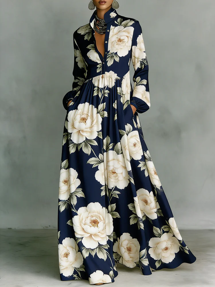 Women's Vintage print Elegant Romantic Vacation Maxi Dress