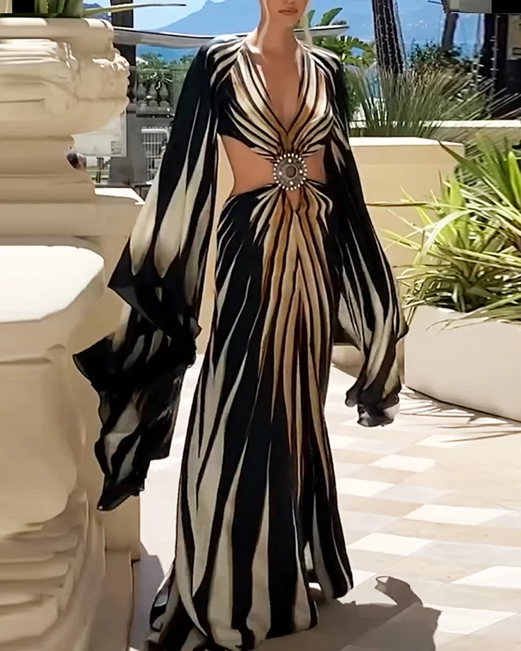 V-neck printed hollow slit dress