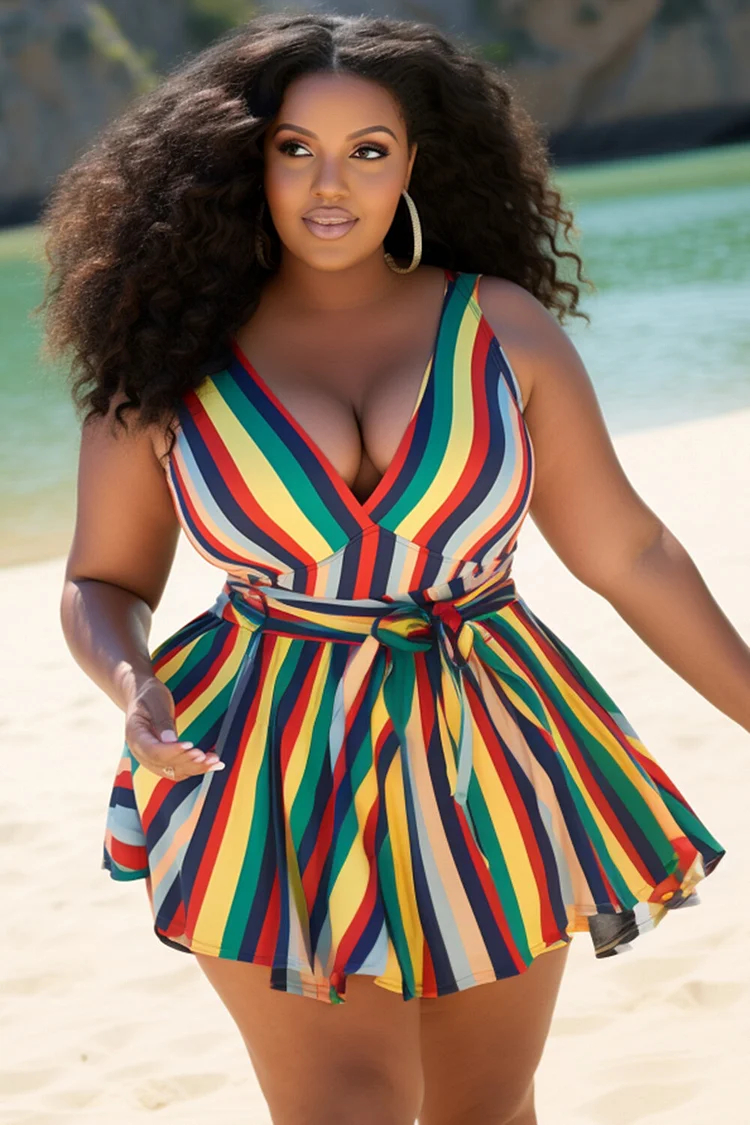 Xpluswear Design Plus Size Vacation Multicolor Striped V Neck Wrap Swimsuit Fabric Swimwear Dress [Pre-Order] 2024 - Xpluswear