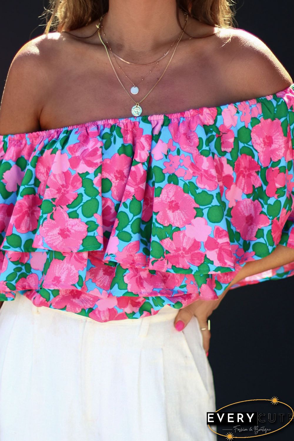 Rose Floral Off-Shoulder Tiered Ruffle Blouse