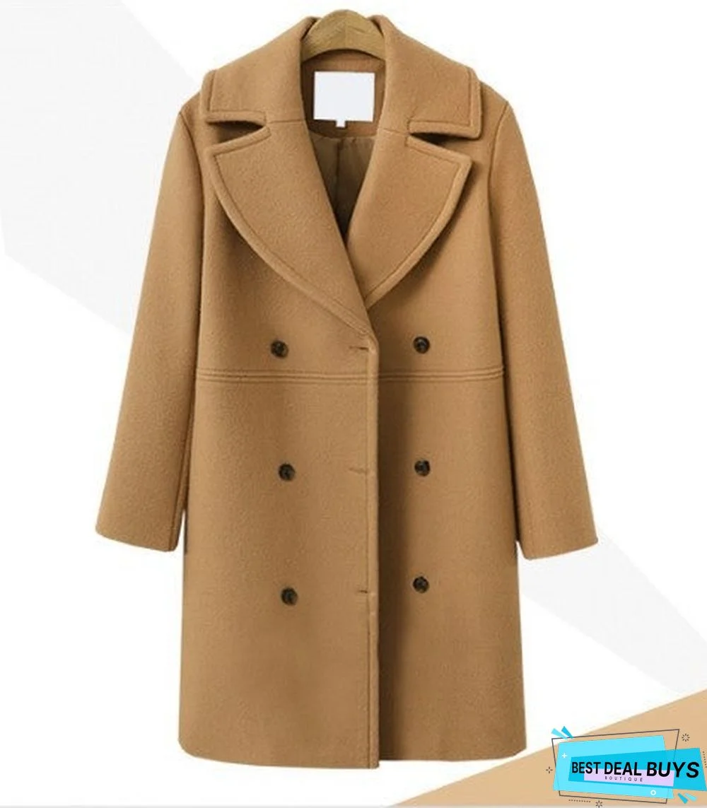 Wool Coat Women's Double Breasted Long Windbreaker Woolen Coat