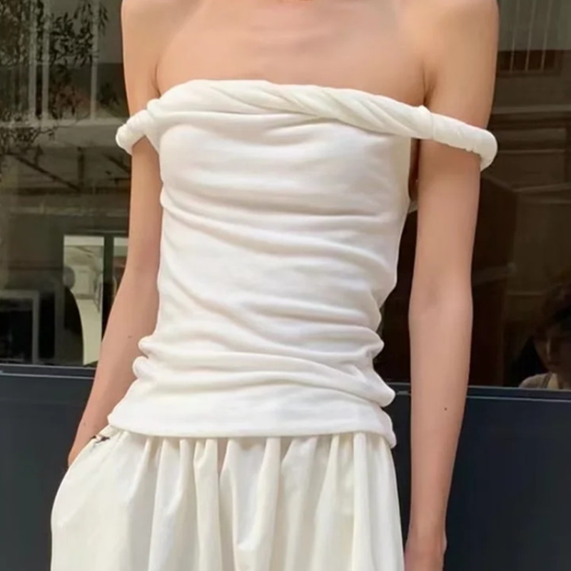 Ootddress Twist Off-Shoulder Slim T-shirt Solid Patchwork Elegant Backless Women's Top Y2k Top Pleated Casual Strapless Pullover Tee