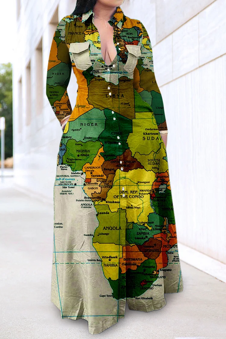 Xpluswear Plus Size Casual Green Map Print Turndown Collar With Button Pockets Long Sleeves Maxi Dress