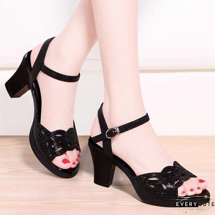 New Thick Heel Sandals Women's Summer Fish Mouth Women's Shoes Rhinestone High Heels Women's Black Mother Shoes Women