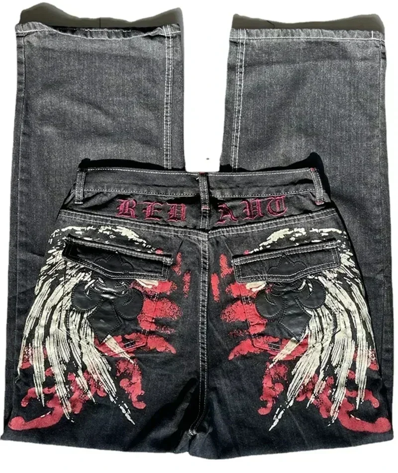 Edubridgesmart American Y2K New Fashion Punk Pattern Embroidered Straight Jeans Women Street Casual Loose Oversized Wide-leg Pants Couple Jeans