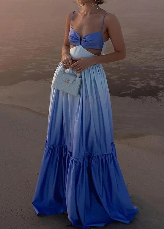 Sexy Blue Gradient Backless Wrinkled Cotton Spaghetti Strap Dress Summer