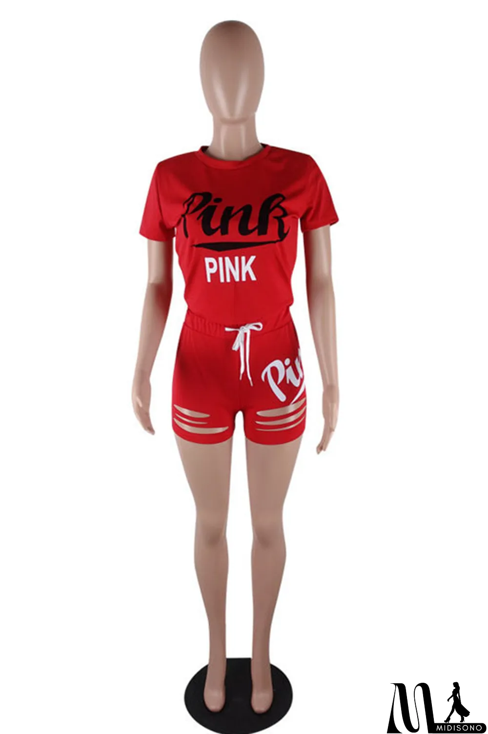 MidiSono - Pink Fashion Casual Letter Print Ripped O Neck Short Sleeve Two Pieces