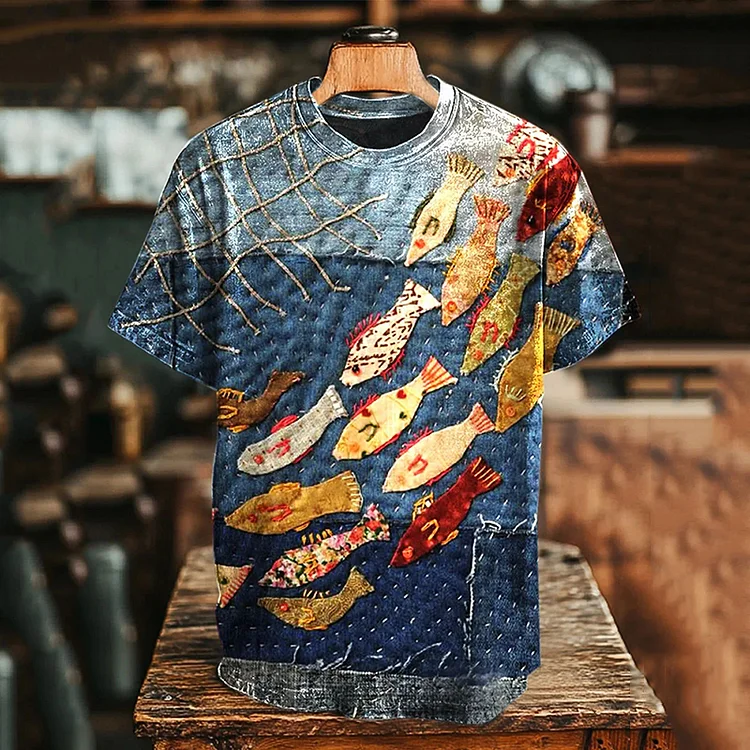 Vintage Fish Print Crew Neck Short Sleeve T-shirt