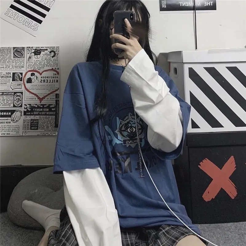 Harajuku bf long-sleeved fake two-piece t-shirt plus size bottoming shirt men women oversized cover meat outside wear punk top