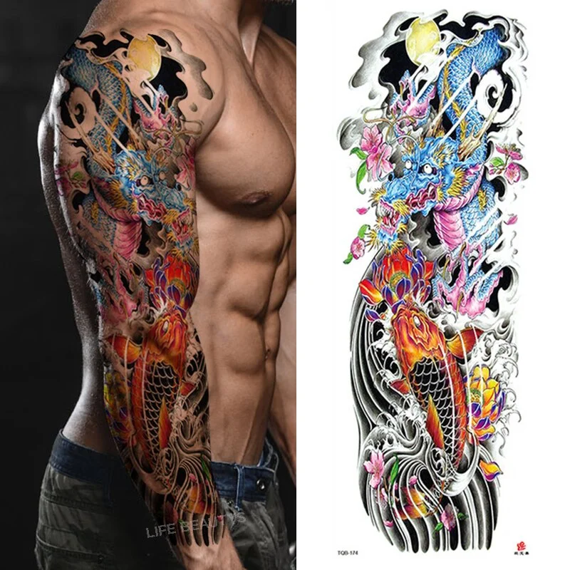 Sdrawing Temporary Full Arm Tattoos Man Women Cool Leg Art Tiger Wolf Black Sleeve Large Fake Sticker Glitter Multiple Style