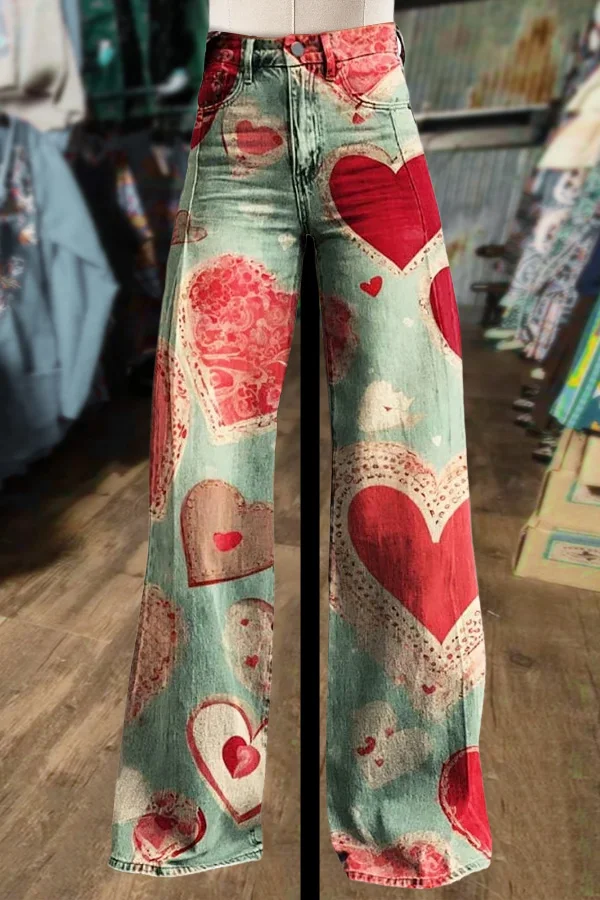 Vintage Heart Print Wide Leg Pants