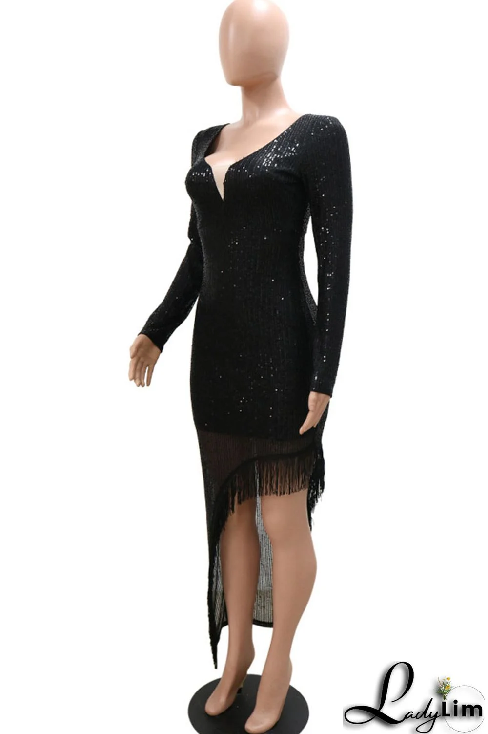 Black Elegant Solid Tassel Sequins Split Joint V Neck Irregular Dress Dresses