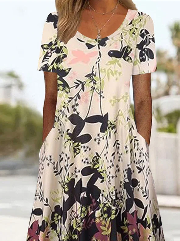 Women's Short Sleeve Scoop Neck Graphic Floral Printed Midi Dress
