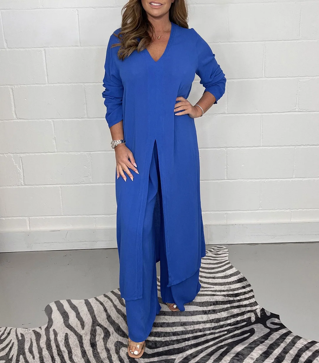 Ueong Ueong And Winter New Explosive Fashion Women's Clothing Open Cross Solid Color Casual Long Jacket Trousers Suit Women
