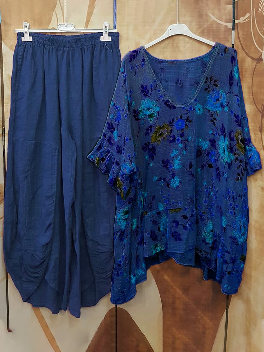 Women's Floral Print U-neck Asymmetrical Hem Casual Suits