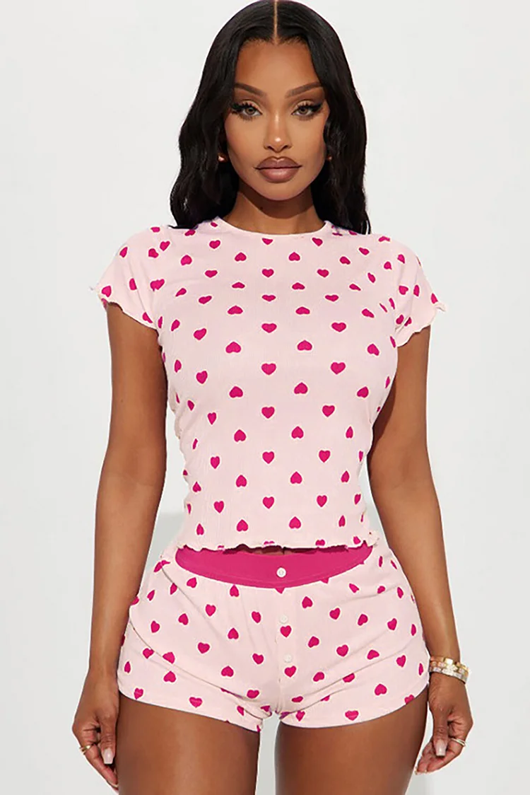 Hearts Print Short Sleeve Slim Fit T-shirt Casual Shorts 2pcs Set-Pink