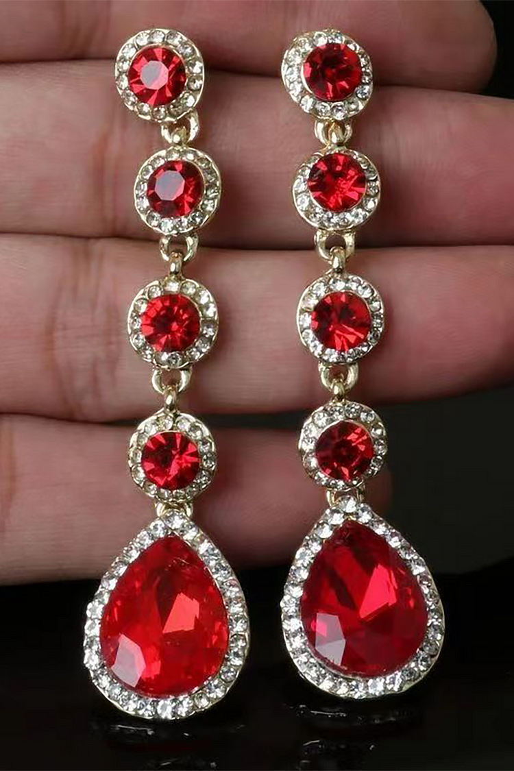 Rhinestone Drop Shaped Luxury Dangle Earrings-Red1