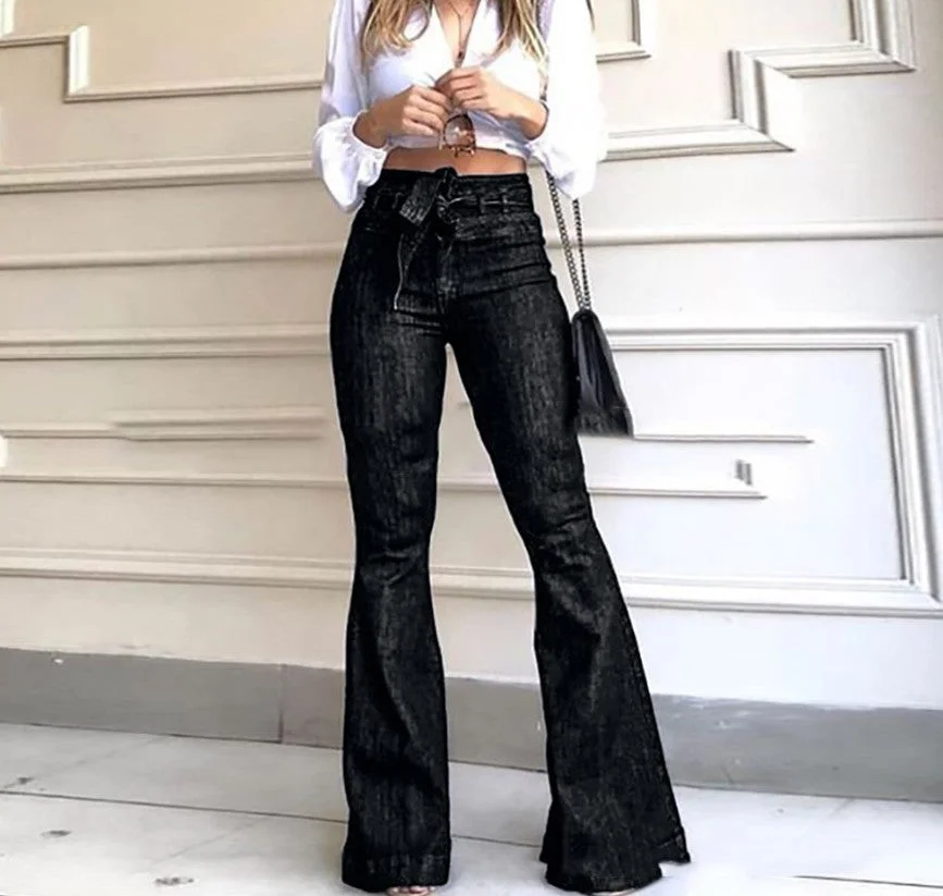 Brownm Festival High Waist Hip Temperament Commute Lace-up Pants Wide-leg Jeans Women's Bell-bottom