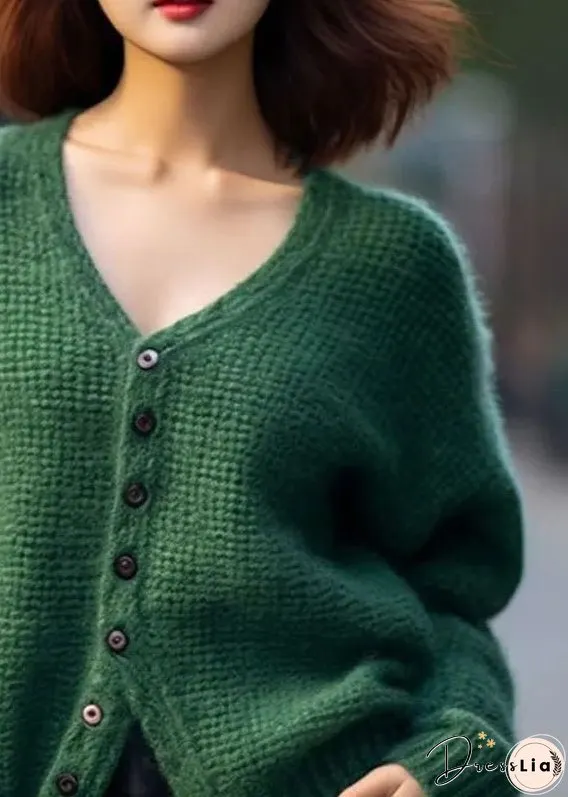 Loose Green V Neck Button Patchwork Cotton Knit Top Spring