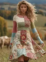 Women's Vintage Patchwork Floral Art Cozy Knit Sweater Dress