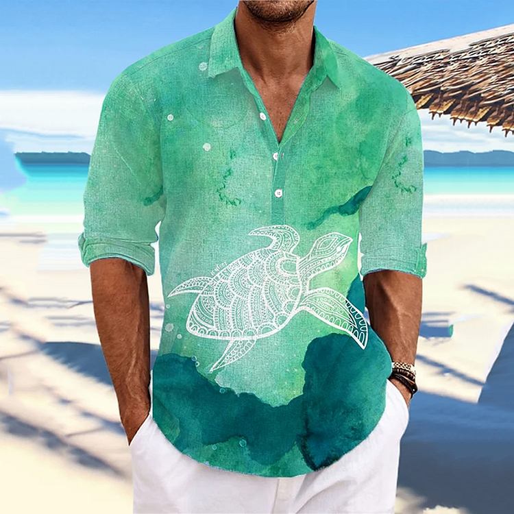 Men's Casual Hawaiian Turtle  Print Stand Collar Shirts