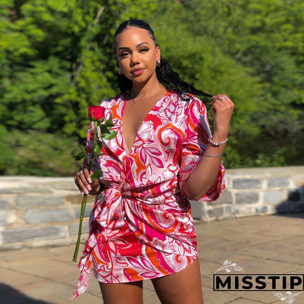 Summer Sexy Women Print Floral Short Sleeve Neck Lace Shirt Line Beach Party Mini Dress ##