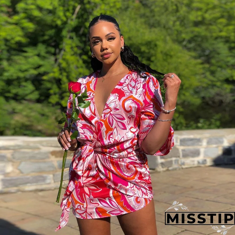 Summer Sexy Women Print Floral Short Sleeve V Neck Lace Up Shirt A Line Beach Party Mini Dress