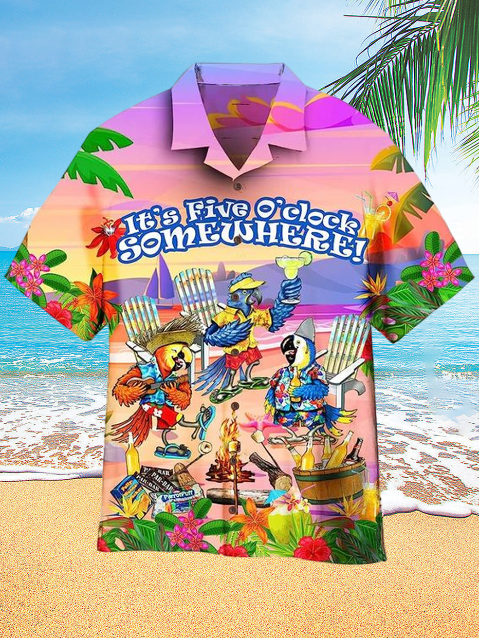 Hawaiian Parrot Party with Beer Print Holiday Men's Short Sleeve Shirt PLUSCLOTHESMAN