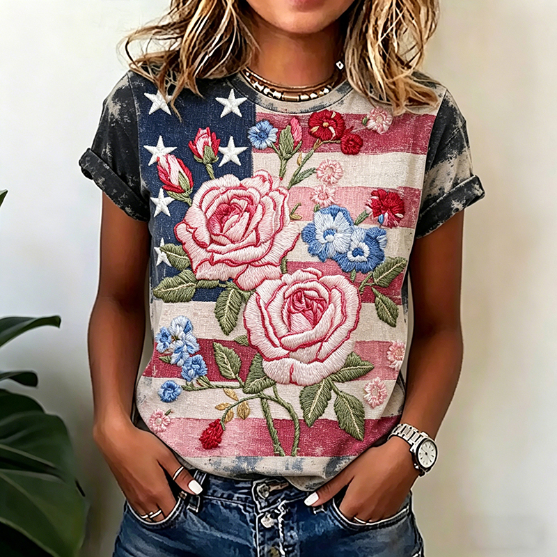  Women's Retro Independence Day Themed Flag Floral Pattern T-shirt Westsshops