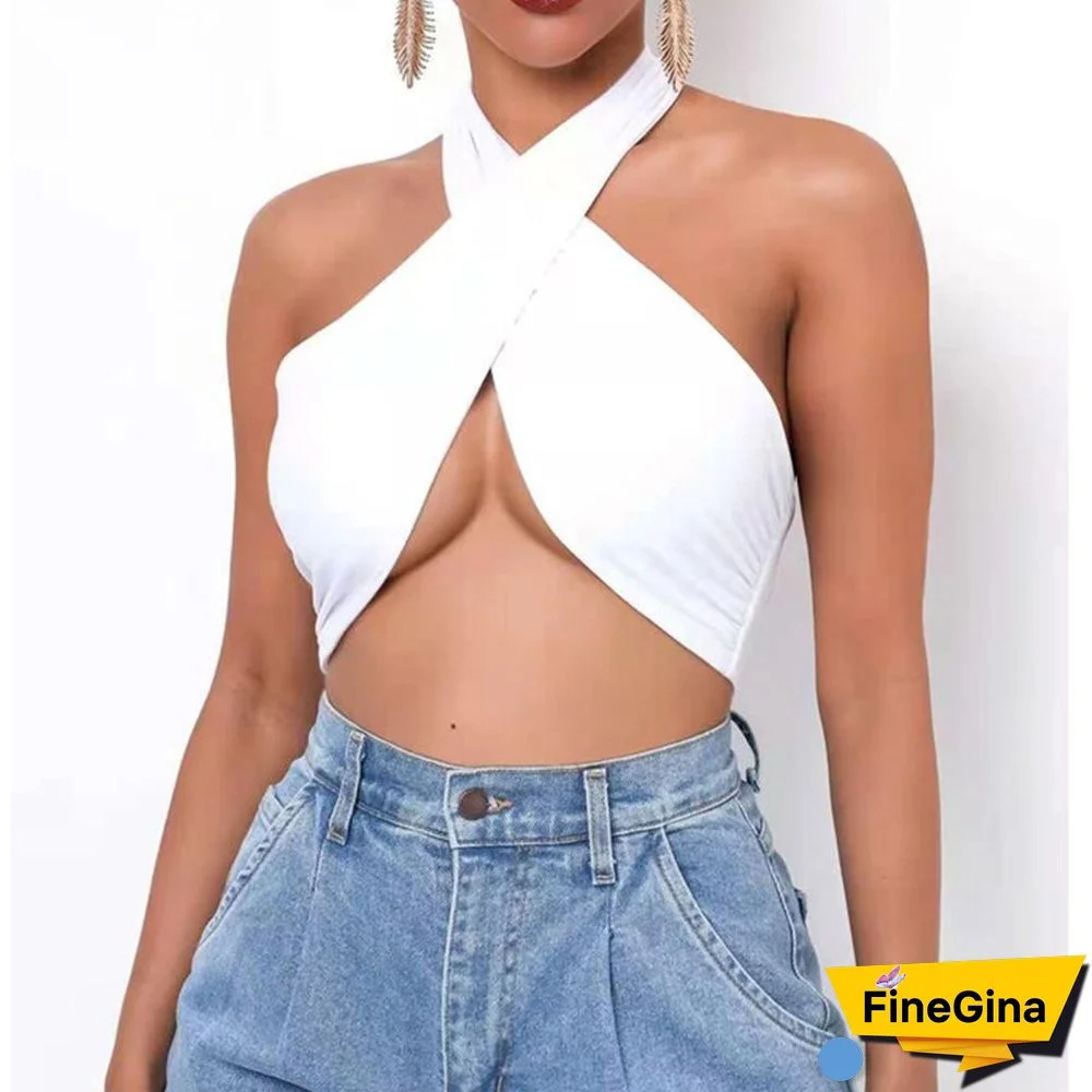 Women Strappy Cross Over Front Cut Out Halter Sleeveless Backless Wrap Crop Top Bandage Vest Summer Sexy Tops