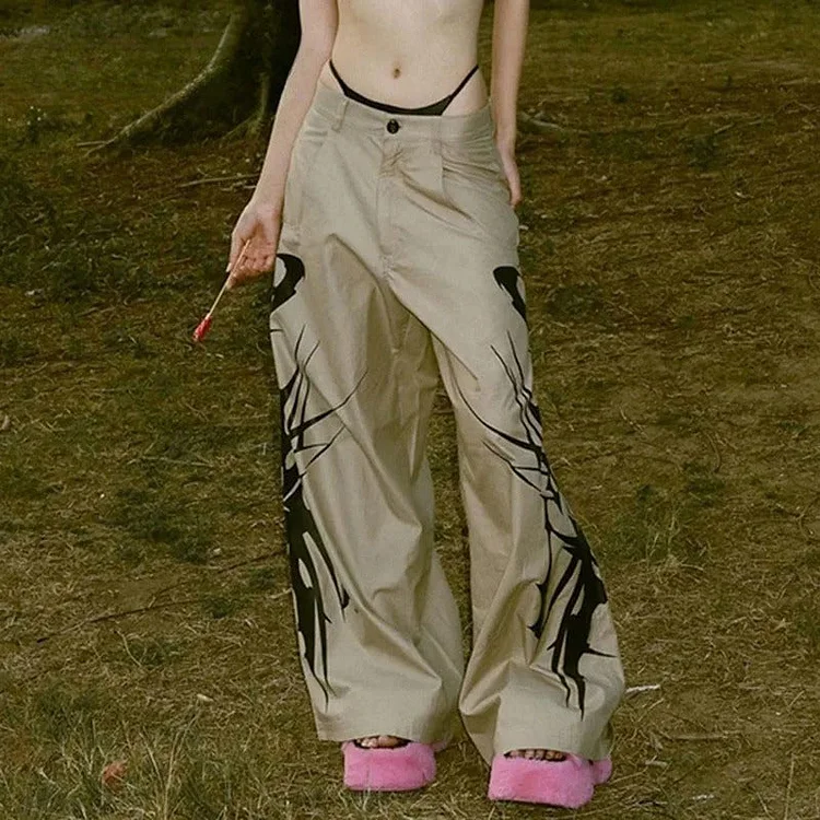 Khaki Print Street Style Pants