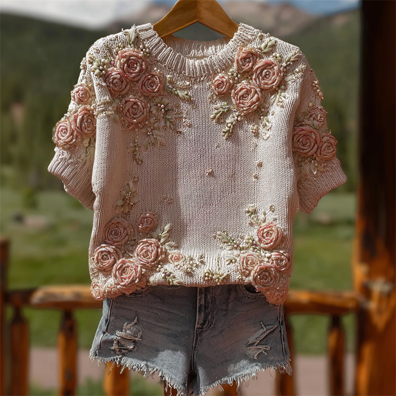 Vintage Pink Roses Beaded Knit Short Sleeve Sweater wearshes