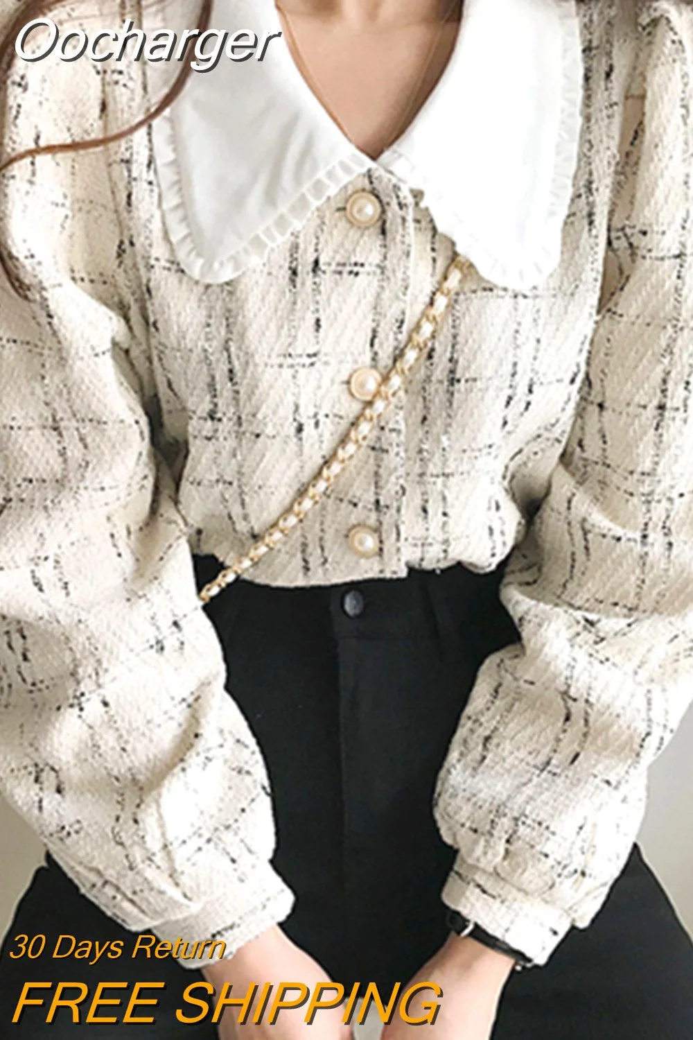 Oocharger Veste Femme Plaid Korean Chic Peter Pan Collar Elegant Retro Chaqueta Mujer Autumn Puff Sleeve Tweed Jackets Women