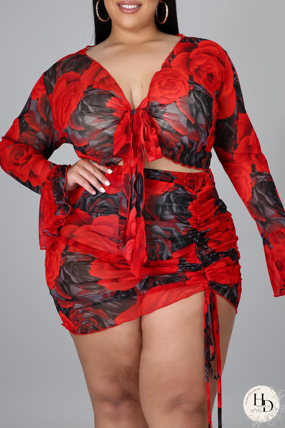 Red Casual Split Joint V Neck Plus Size Two Pieces