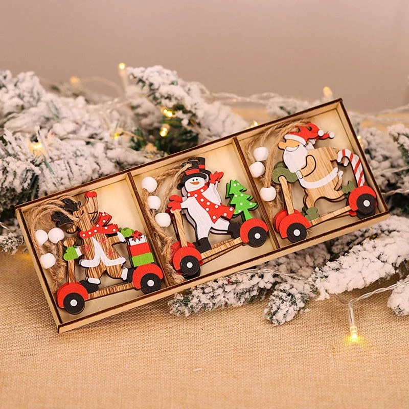 9pcs/box Christmas Car Wooden Pendants Xmas Tree Hanging Ornaments Christmas Decorations for Home Kids Gift Noel Navidad Decor