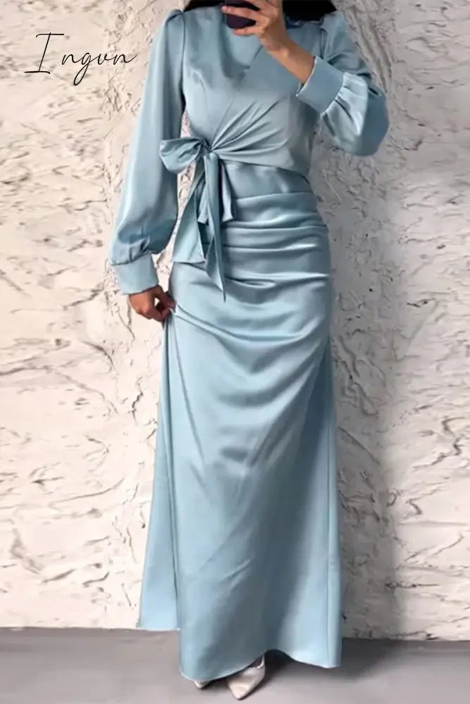Ingvn - Elegant Solid Frenulum O Neck A Line Dresses Blue / S Dresses/Long Sleeve