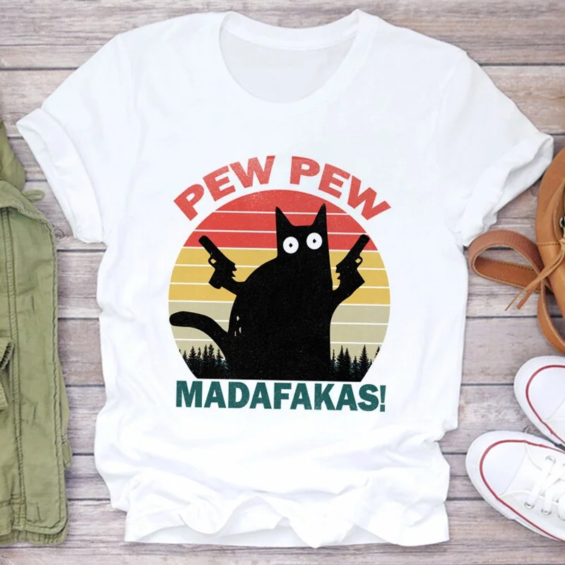 Murderous Black Cat With Gun Funny White T Shirt Pew Pew Madafakas Print Oversized T-shirt Women Short Sleeve Top Female Tshirt