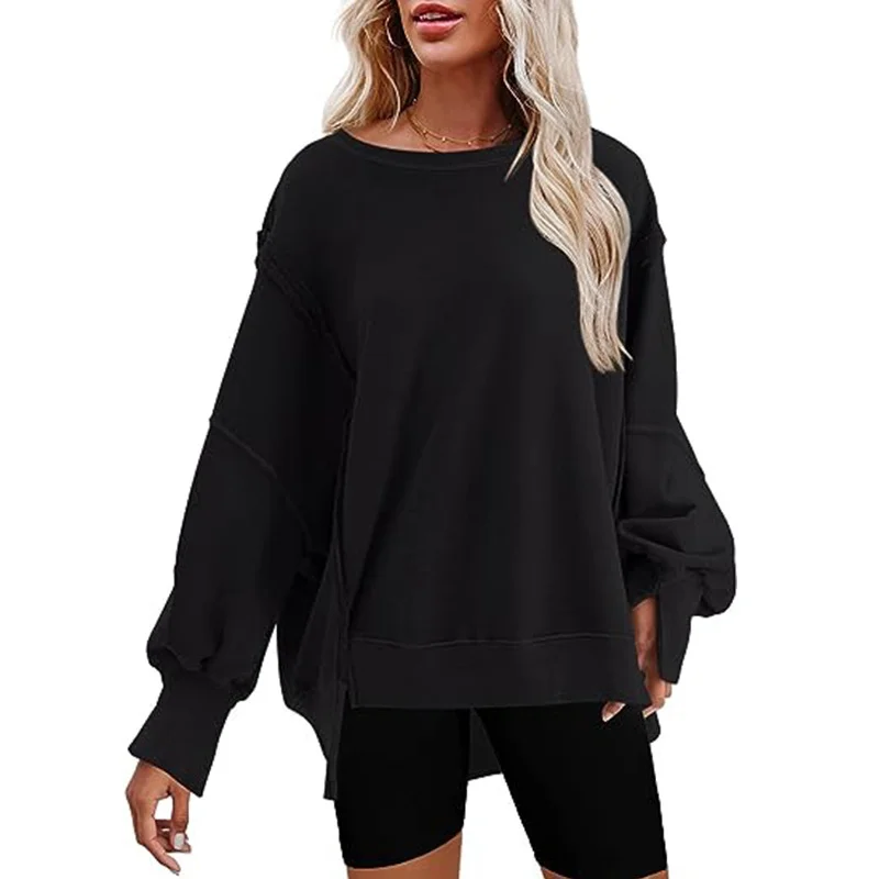 Nigikala Nigikala Women's Clothing 2025 Autumn And Winter New Women's Large Round-Neck Sweatshirt Side Open Fork Long-Sleeved Sweater