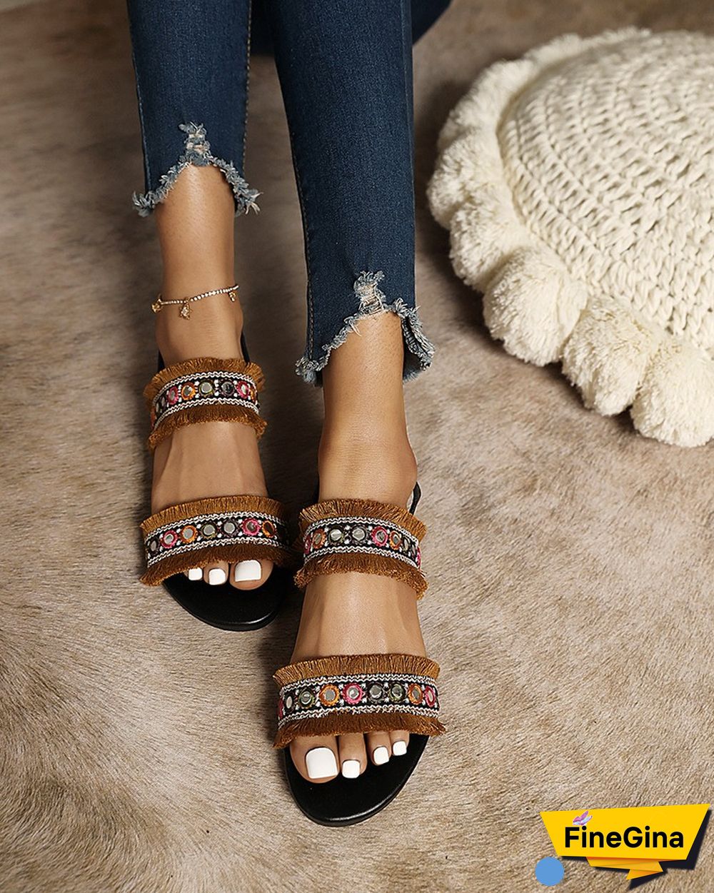 Boho Tassel Patchwork Roune-toe Flat Sandals